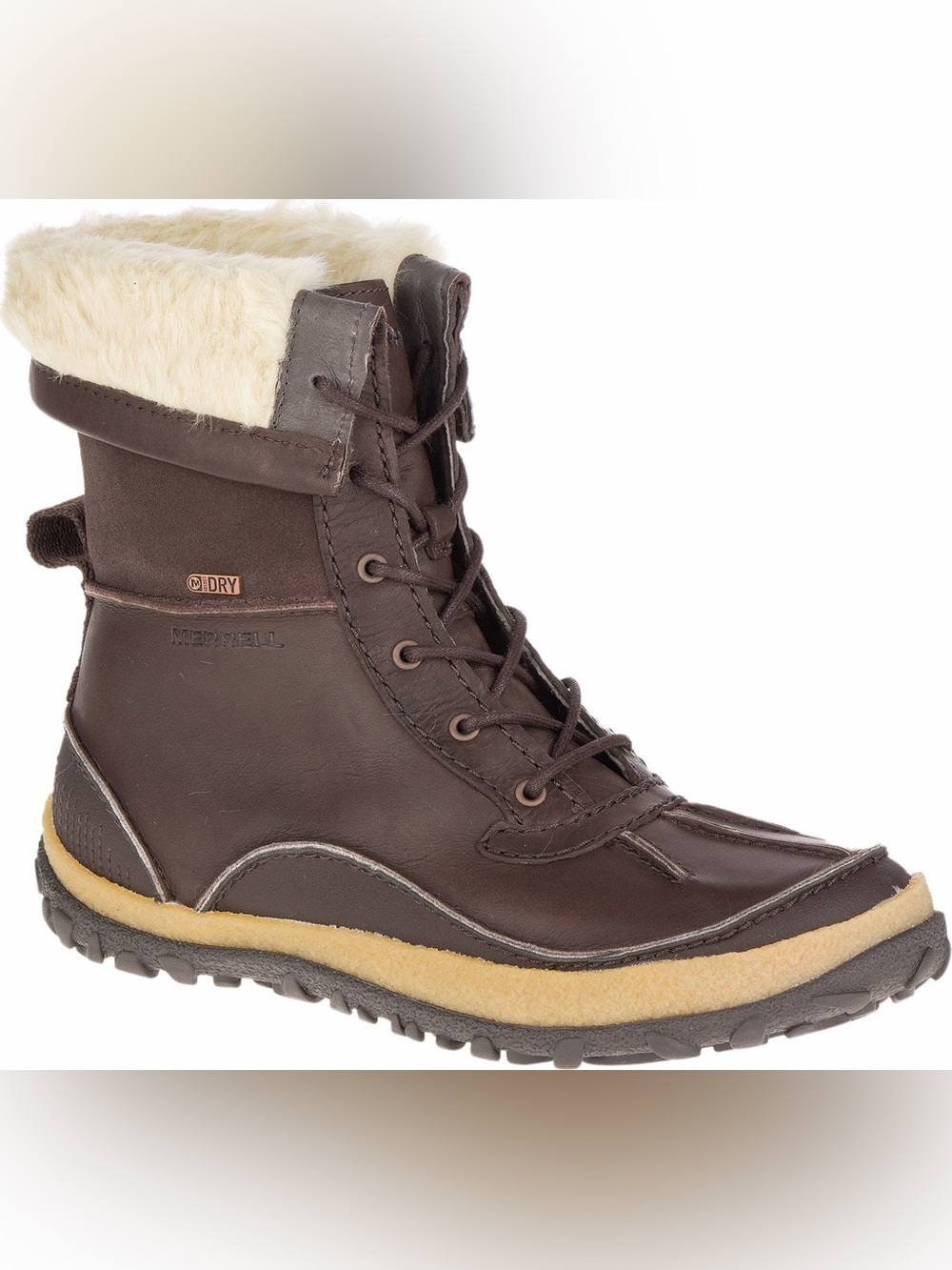 Merrell Brown Lace-Up Waterproof Winter Boot with Cream Faux-Fur Collar